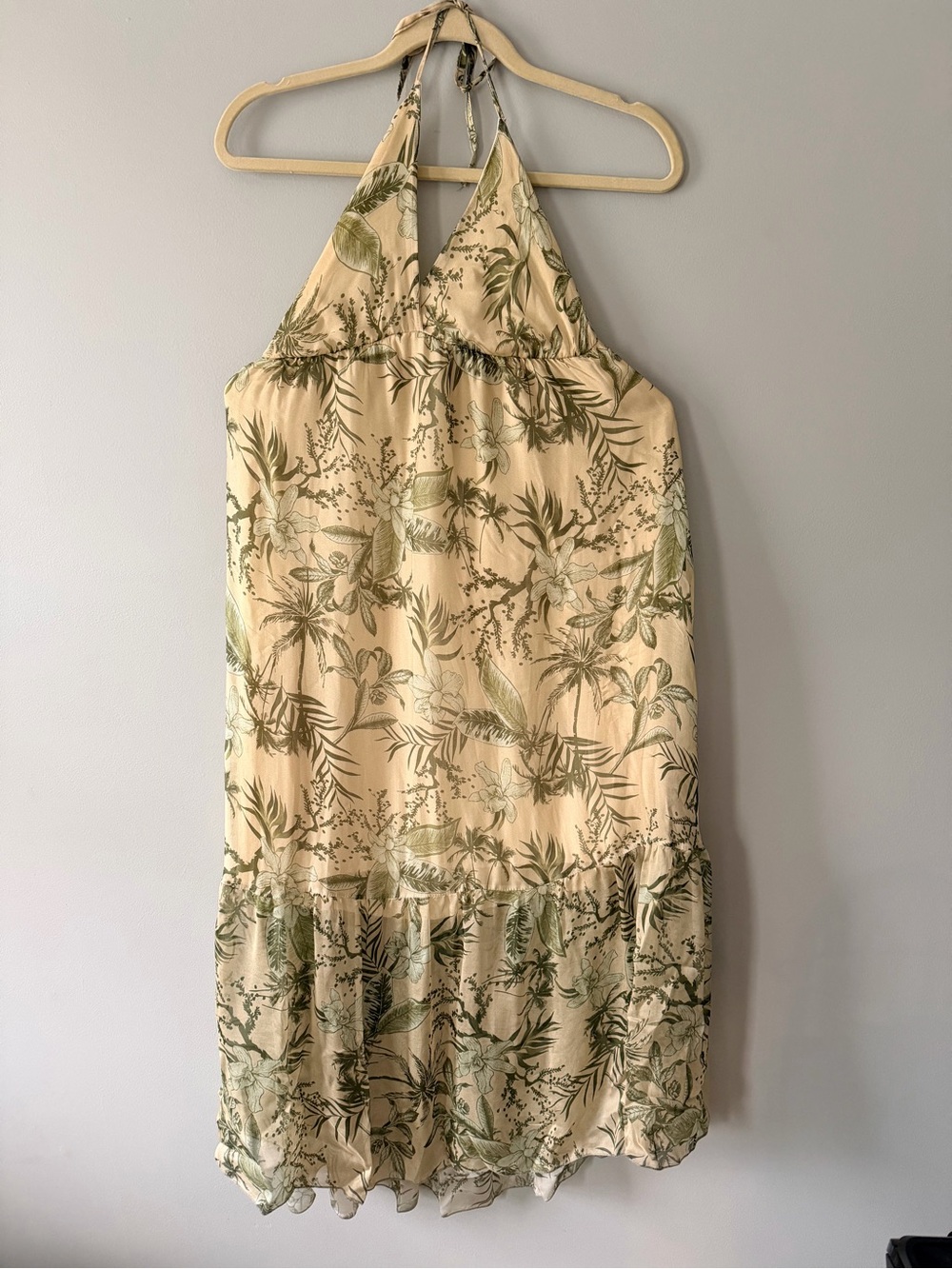 Women’s One-Shoulder Floral Halter Dress in Cream and Green
